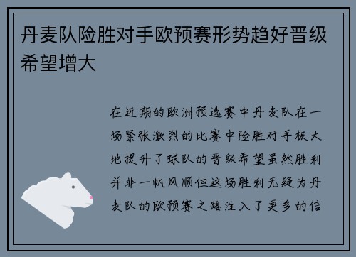 丹麦队险胜对手欧预赛形势趋好晋级希望增大