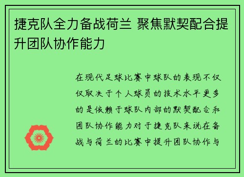 捷克队全力备战荷兰 聚焦默契配合提升团队协作能力