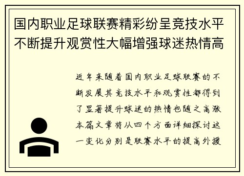 国内职业足球联赛精彩纷呈竞技水平不断提升观赏性大幅增强球迷热情高涨