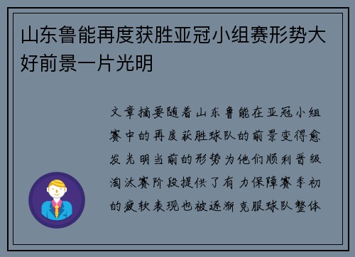 山东鲁能再度获胜亚冠小组赛形势大好前景一片光明