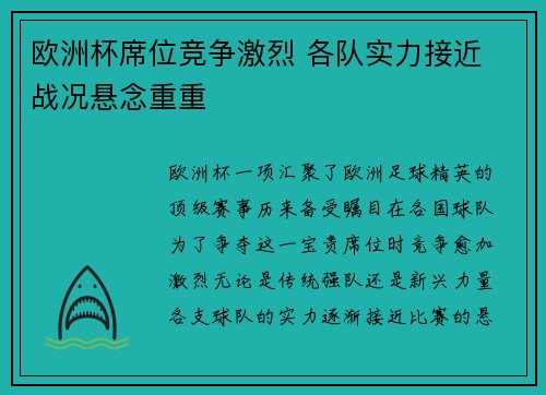 欧洲杯席位竞争激烈 各队实力接近 战况悬念重重